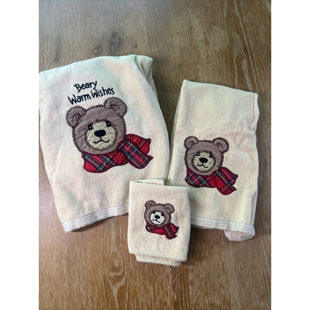 Vintage Christmas Bath Towel Set 3 Teddy Bear Tartan Plaid Beary‎ Warm Wishes